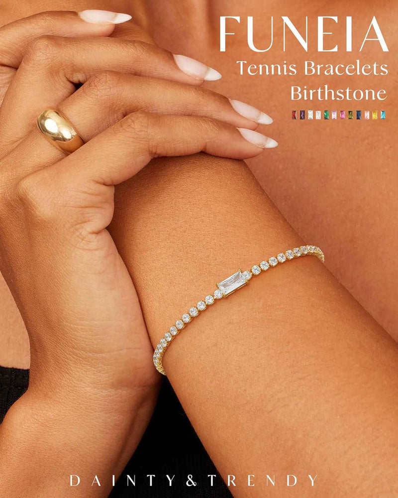 FUNEIA Birthstone Gold Tennis Bracelets for Women Trendy Non Tarnish Dainty 14K Gold Plated Diamond Bracelet Stack Cute Stackable Blue Green Red Friendship Bracelets Jewelry Gifts for Best Friend - Image 2